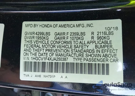 2018 Honda Accord Ex z USA, uszkodzony, nr VIN 1HGCV1F4XJA250387